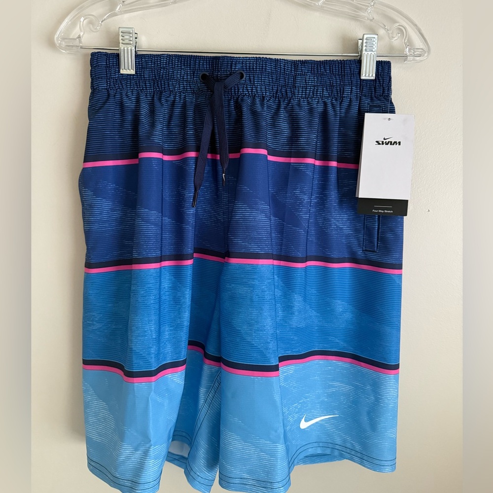 New Men's Nike 9" Wave Stripe Swim Trunks Brief Lined Small Blue Pink $66